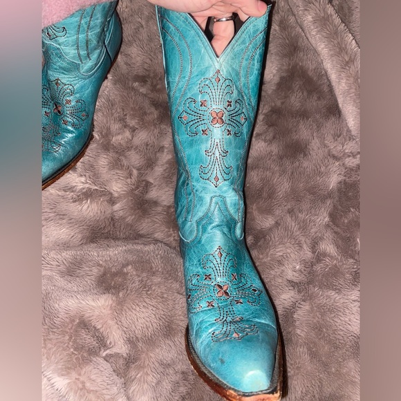 💎PECOS BILL Turquoise Leather Western Cowgirl Boots Embroidery Crosses 8.5 - Picture 5 of 16